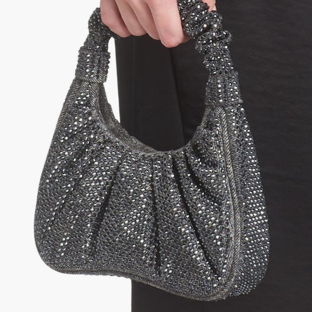 JW PEI Black Glam Gabi Rhinestone Black Ruched Textured Hobo Shoulder Bag::NWT:: - Picture 4 of 11